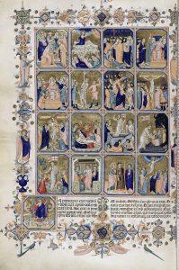 Biblia Latina (Hamilton Bible) by Giovanni from Ravenna: Passion of Christ and Last Judgment. Illumination by the school of Christoforo Oriminia, Naples, c. 1350-1360. Parchment, 37.5 x 26.5 cm. Acc.n.: 78 E 3, fol. 400 verso. Kupferstichkabinett - Staatliche Museen zu Berlin, Berlin, Germany - B040801