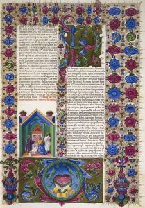 Incipit from the Book of the Prophet Malachi, from Volume II of the Bible of Borso d'Este, illuminated by Taddeo Crivelli (1425-1479) and others, Latin manuscript 422-423, folio 108, verso, parchment, 1455-1461. Italy, 15th century. Biblioteca Estense, Modena, Italy - DA41895