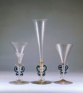 Clear glass stemmed glasses decorated with blue glass and crystal wings, Murano, Venice. Italy, 16th-17th century. Museo del Vetro (Glass Museum), Murano (Island of), Italy - DA71182