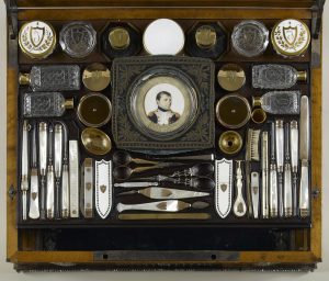 Necessaire for toilette of the Empress Josephine, 1806. Crystal, mahogany, nacre, porcelain, gilded silver, steel, tortoise shell, wood, 87 x 42.5 x 35 cm. Remond, Felix (1779-after 1840). Musee National du Chateau de Malmaison, Rueil-Malmaison, France - RM00239