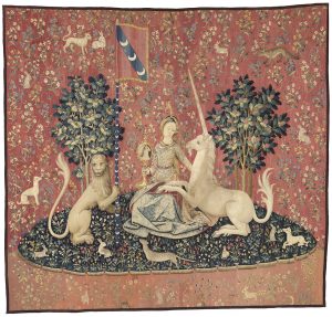 Tapestry of the Lady of the Unicorn: The View, between 1484 and 1500; fourth quarter of the 15th century/first quarter of the 16th century. Cardboard: Paris. Weaving: Netherlands. National Museum of the Middle Ages and Baths of Cluny, Paris, France. - RM00952