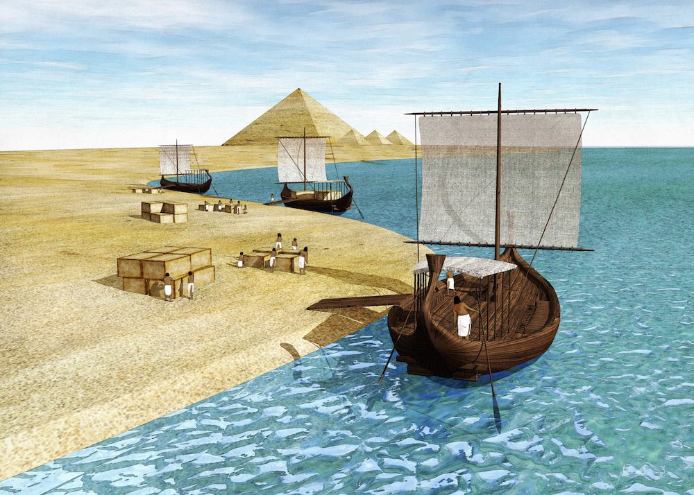 SP14749 - La costruzione delle piramidi. Illustrazione: navi che trasportavano i blocchi di pietra utilizzati per costruire le piramidi dell'antico Egitto. 