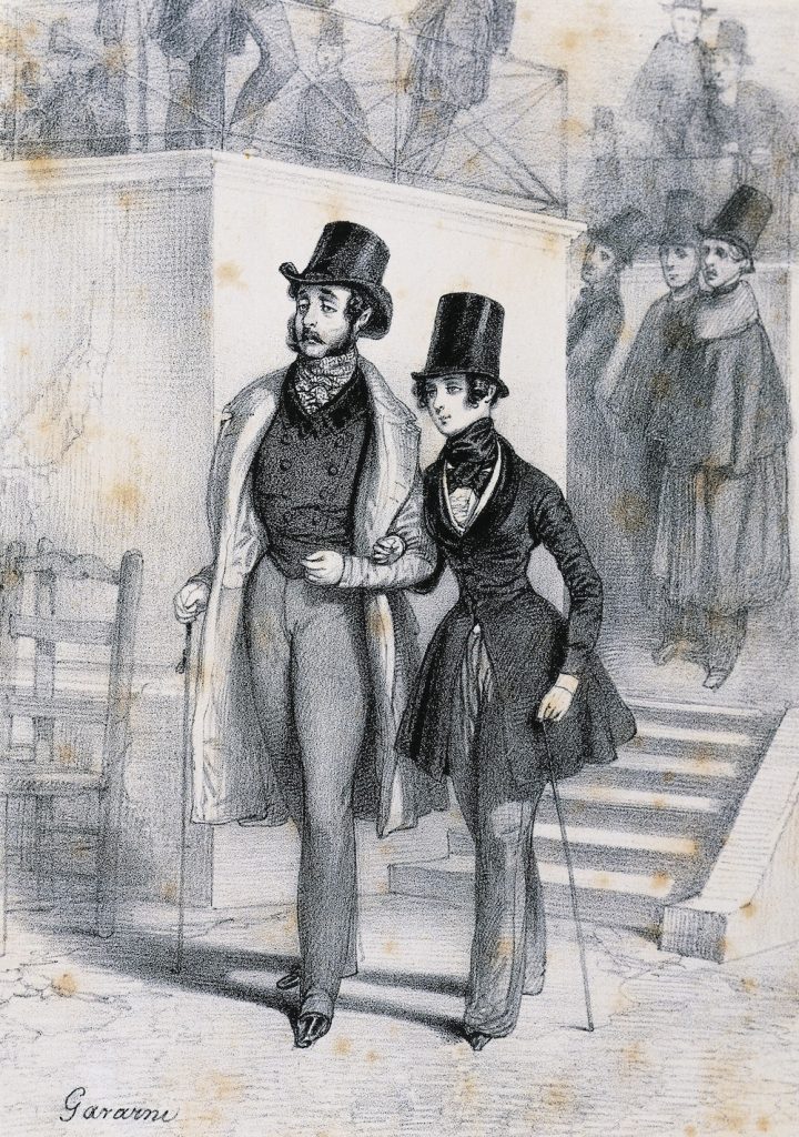 DA40915 - Henri de Latouche (1785-1851) con George Sand (1804-1876) studentessa a Parigi in abiti maschili. Incisione di Paul Gavarni (1804-1866). Musée George Sand et de la Vallée Noire, La Châtre