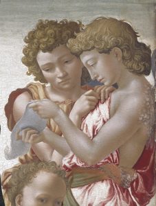 La Vergine col Bambino, San Giovannino e angeli ('La Madonna di Manchester'), circa 1497 - dettaglio - National Gallery, Londra, Gran Bretagna - NG02652