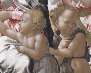 La Vergine col Bambino, San Giovannino e angeli ('La Madonna di Manchester'), circa 1497 - dettaglio - National Gallery, Londra, Gran Bretagna - NG02653